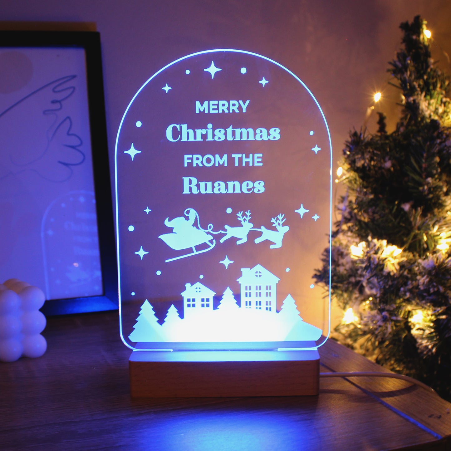 Personalised Christmas Santa Wooden Based LED Light