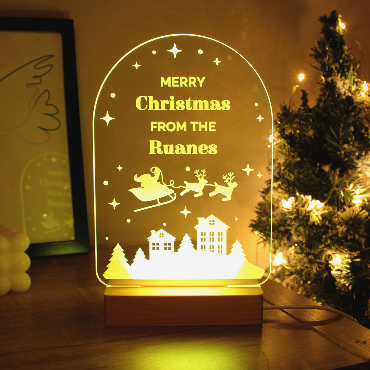 Personalised Christmas Santa Wooden Based LED Light