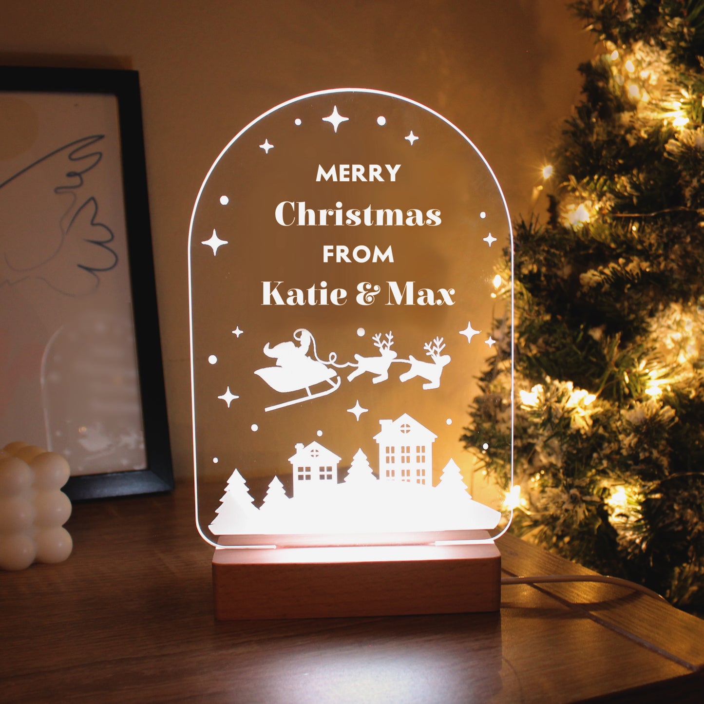 Personalised Christmas Santa Wooden Based LED Light