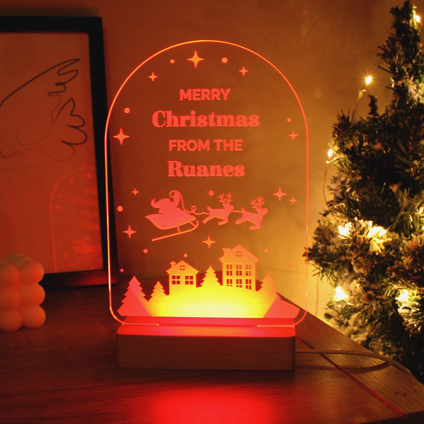 Personalised Christmas Santa Wooden Based LED Light