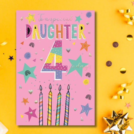 Daughter 4th Birthday Card - Stars & Candles