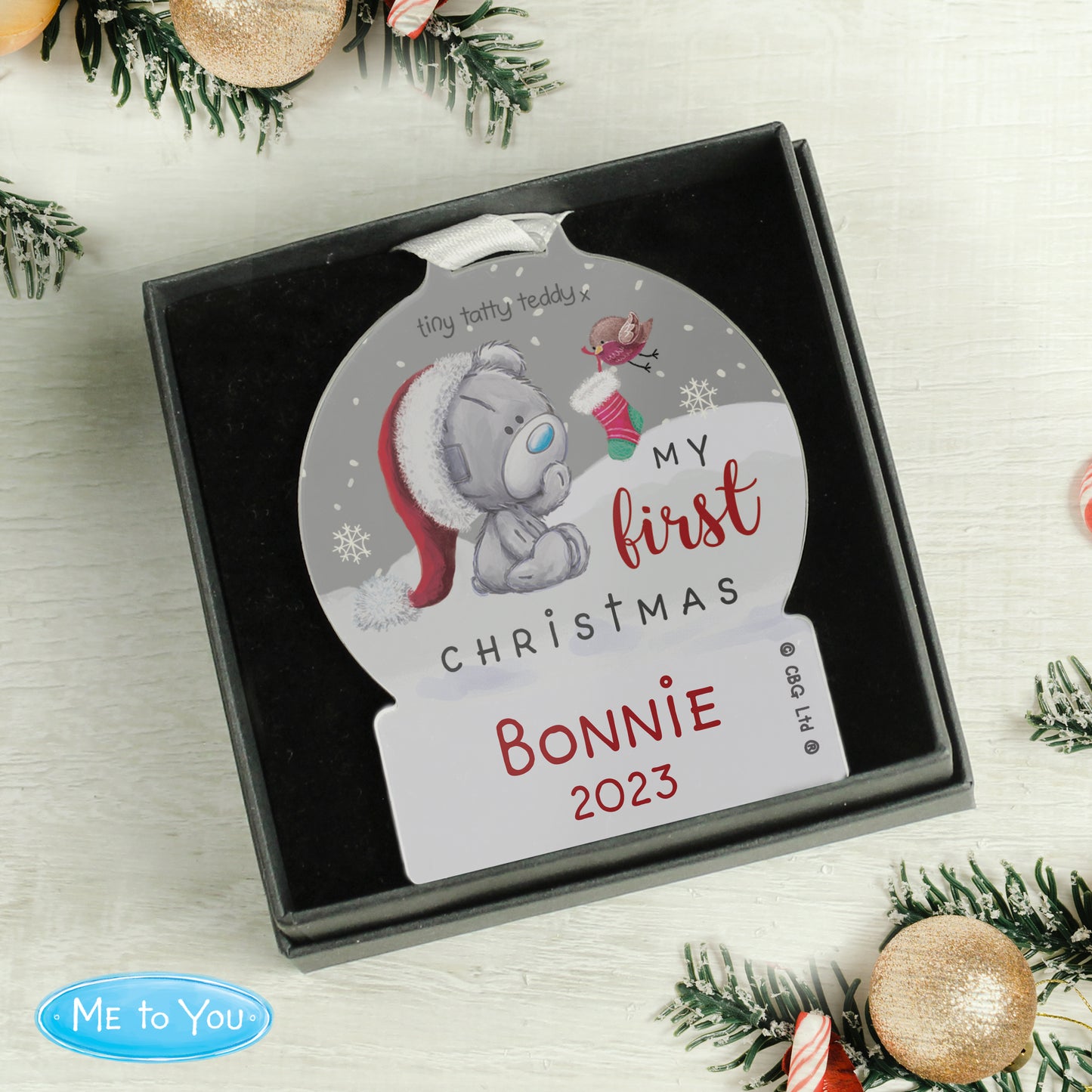 Personalised Gift - 1st Christmas Tiny Tatty Teddy Snow Globe Decoration