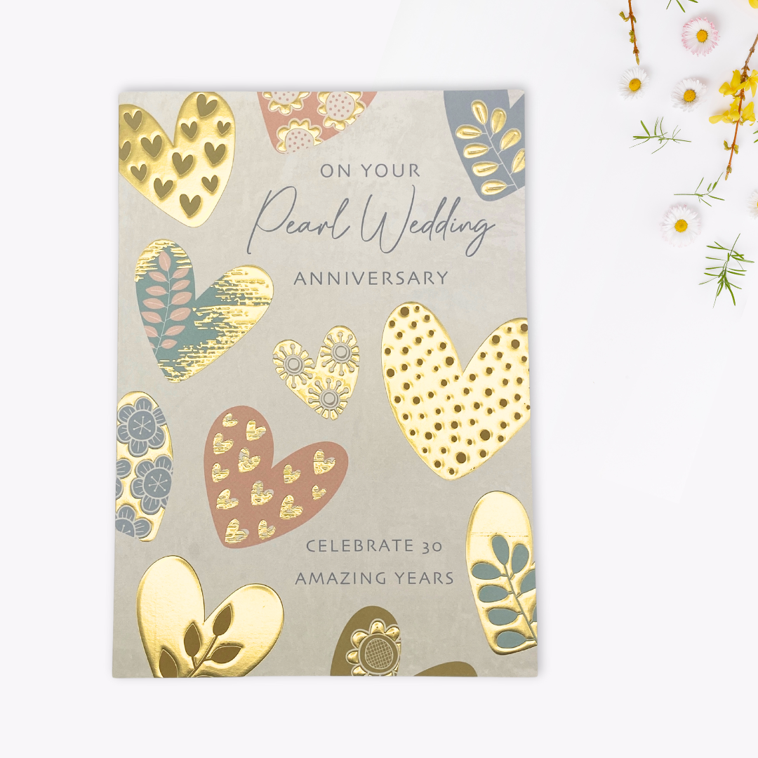 Pearl Wedding Anniversary Card - 30th Gold Hearts