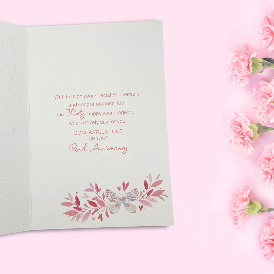 Pearl Wedding Anniversary Card - 30th Butterflies & Hearts