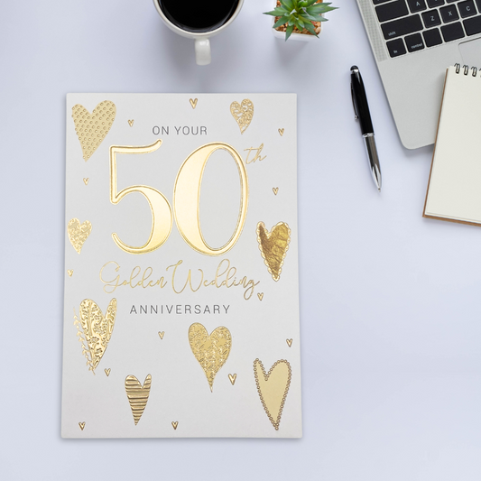 Golden Wedding Anniversary Card - 50th Gold Hearts