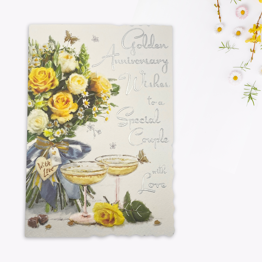 Golden Wedding Anniversary Card - 50th Velvet Champagne & Flowers