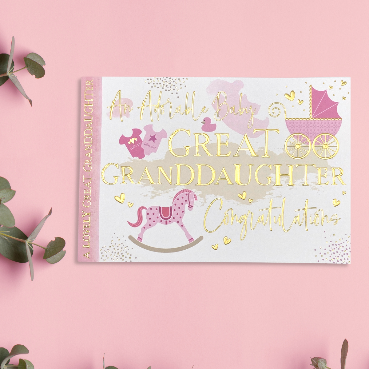 Pink and white landscape card with gold text and baby illustrations