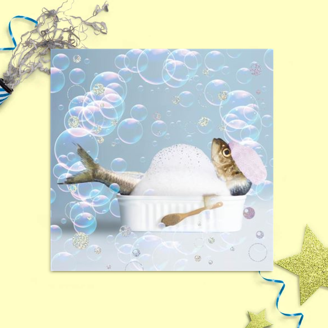 Square card with fish in the bath with bubbles and shower cap