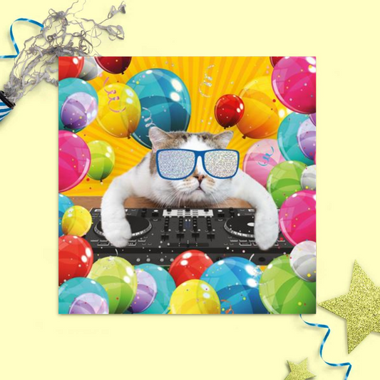 Bright and colourful square card with cat Dj and balloons