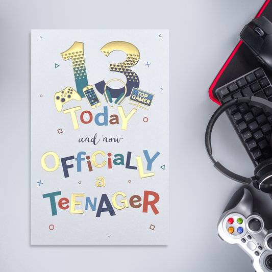 White card with coloured text and gold foil accents. with gamer illustrations