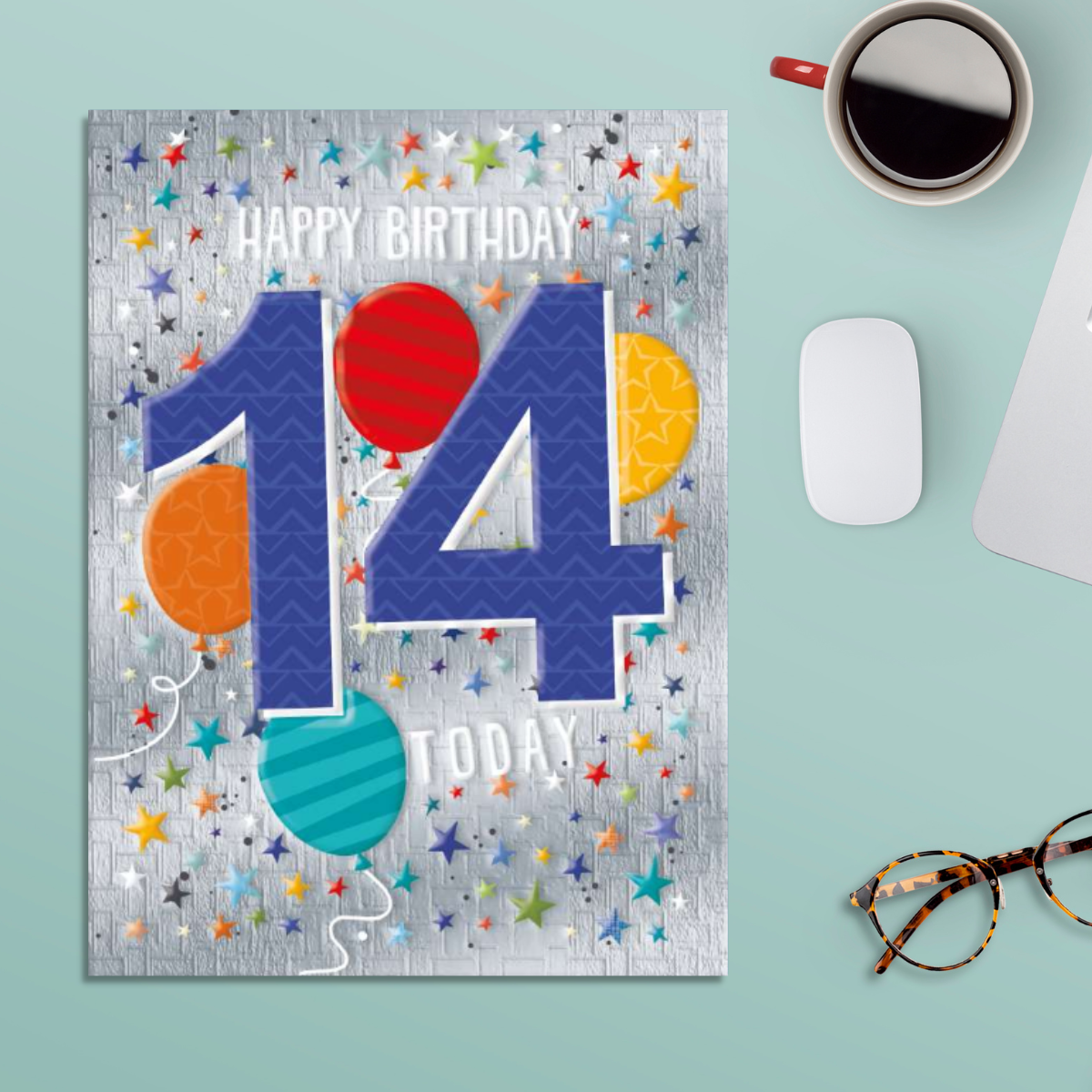 14th Birthday Card - Balloons & Stars