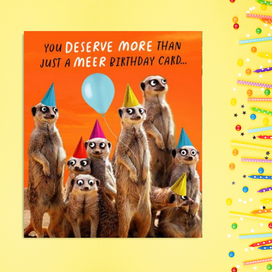 Square card with meerkats in party hats and balloon