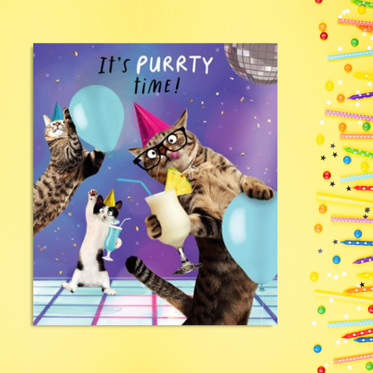 Three party cats with cocktails on dancefloor with disco ball