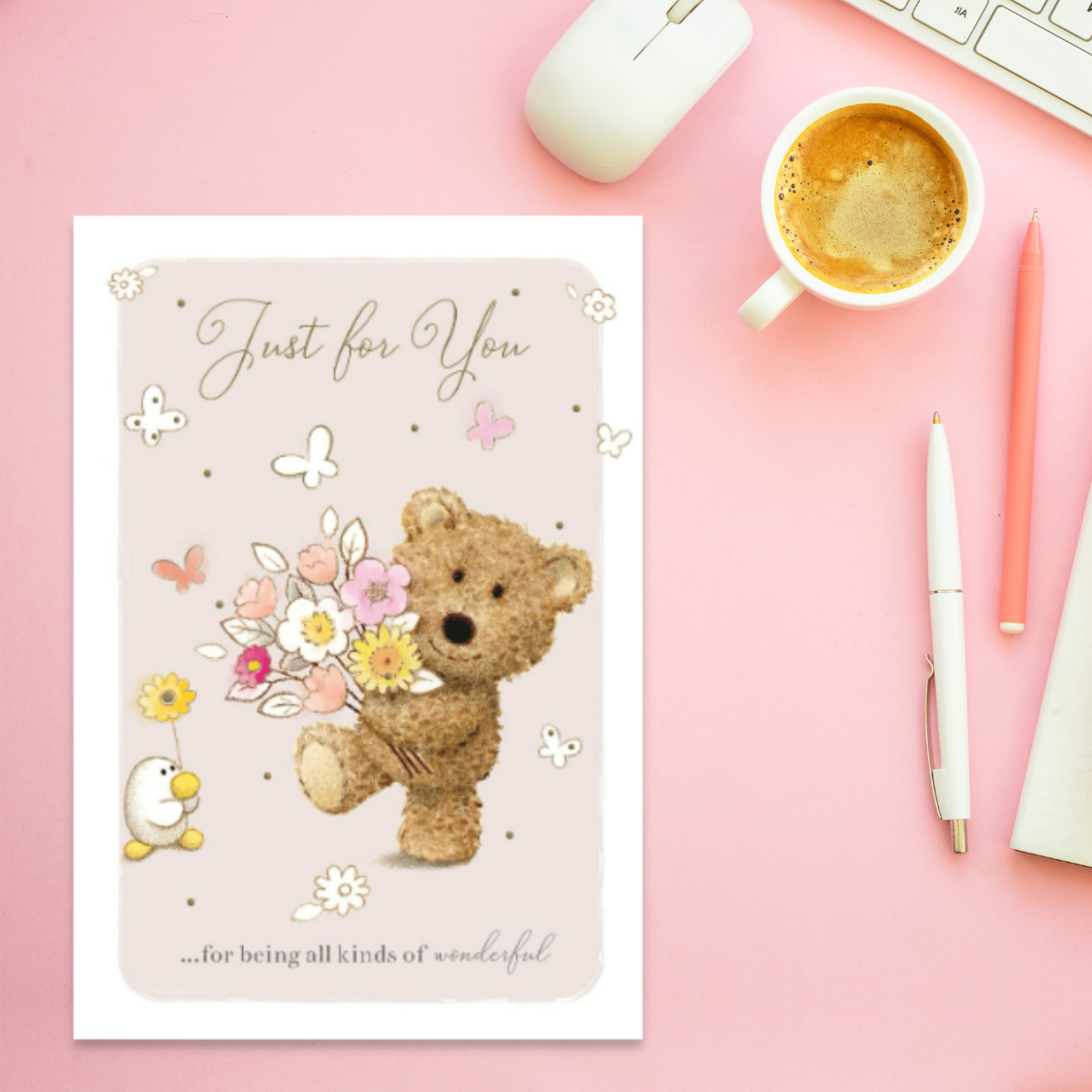 Cute Barley bear character holding a bunch of flowers with white border