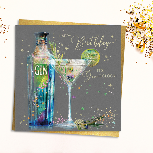 Square grey card with colourful gin bottle and glass