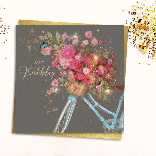 Grey square card with floral bicycle and gold foil text and butterflies
