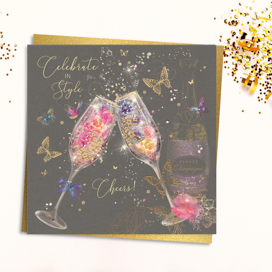 Grey square card with colourfull flutes and bubbly with gold foil butterflies
