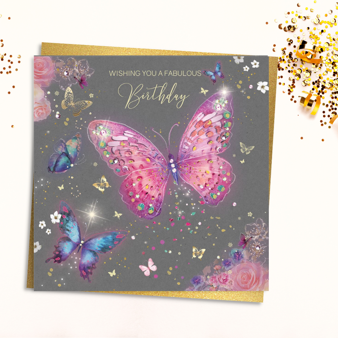 Grey square card with pink and blue butterflies and gold foil details