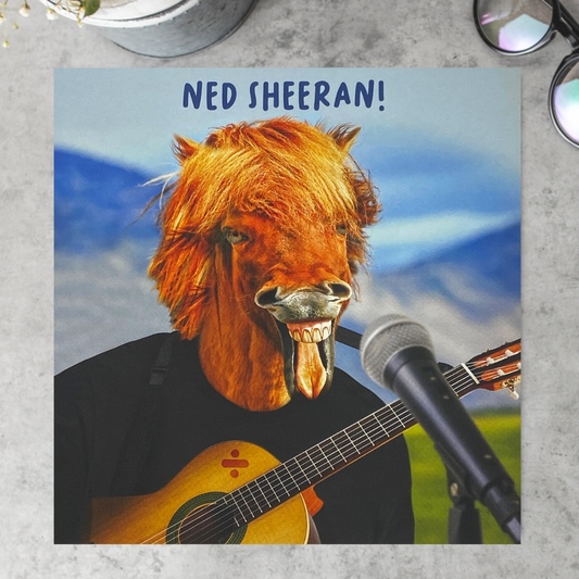 Horse wearing a ginger wig playing guitar and singing with mountain scenery