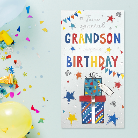 Grandson slim card with white background, colourful text and multicolour stars