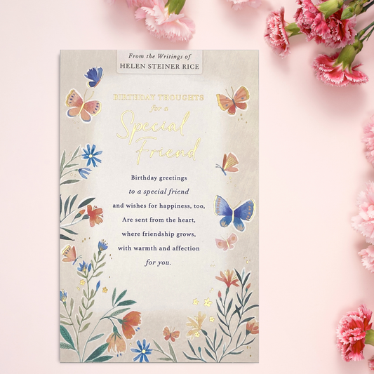 Cream card with blue and coral butterflies and verse