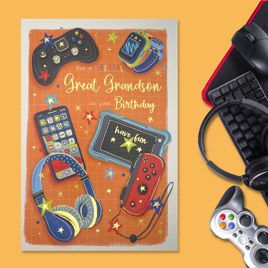 Orange and white theme card with lots of gamer and technology items