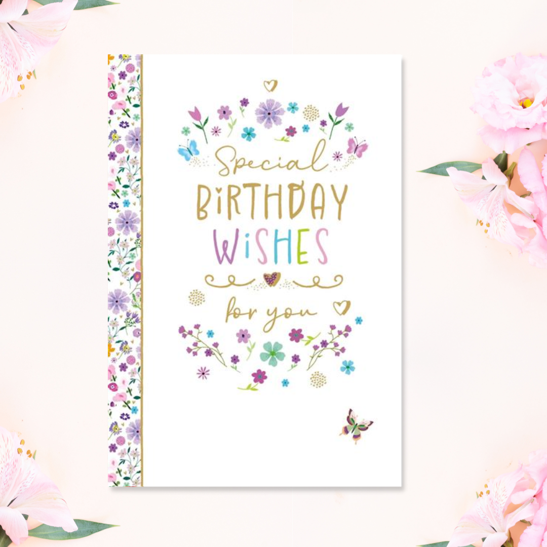 White card with floral border and pretty coloured text