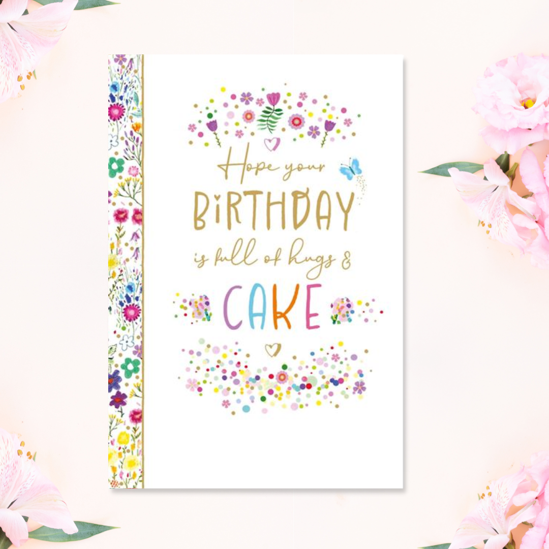 White card with floral border and pretty coloured text