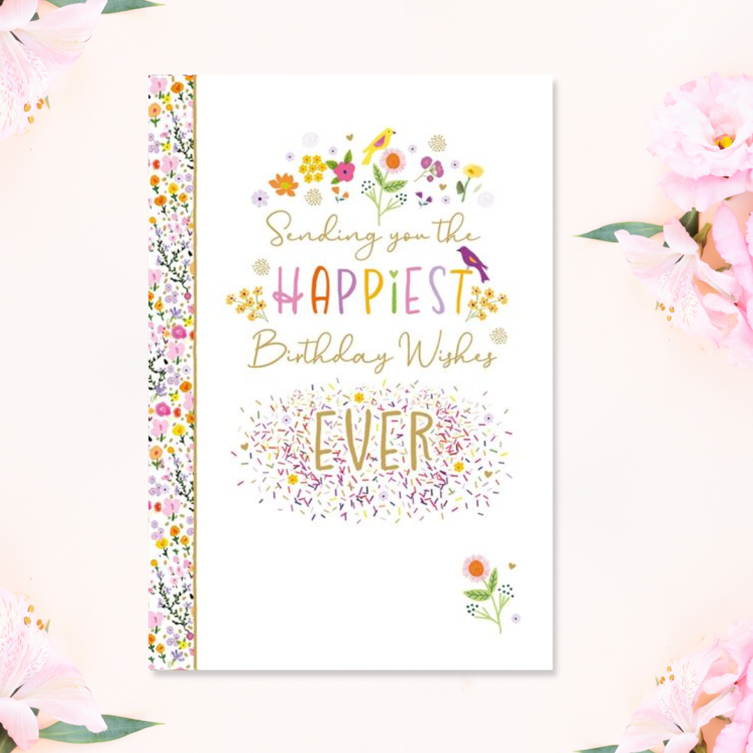 White card with floral border and pretty coloured text