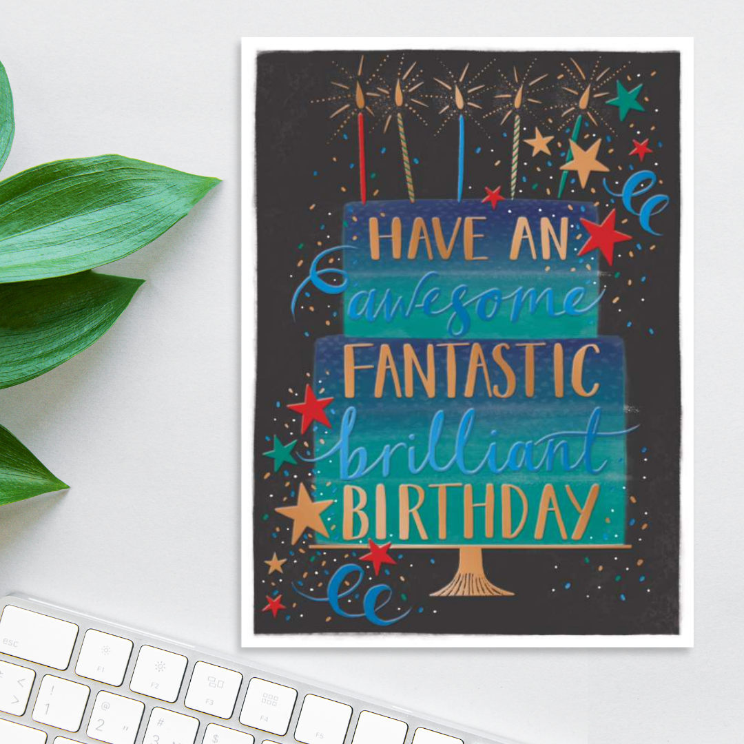 Dark Nacy card with blue and green cake and copper candles