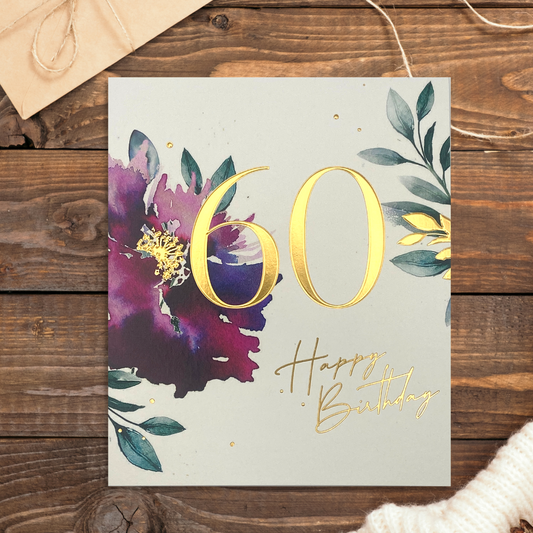 Square card with watercolour floral design and gold foil texr