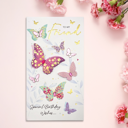 Slim white card with decoupage butterflies and pink gems
