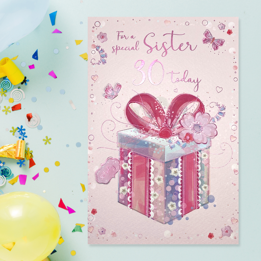 Pink card with pink and purple gift and floral border