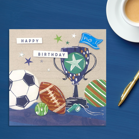 Square card with mix of sporting equipment and happy birthday text
