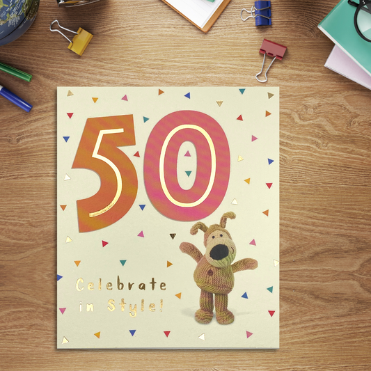 Cream square card with coloured triangle confetti and large 50 numbers