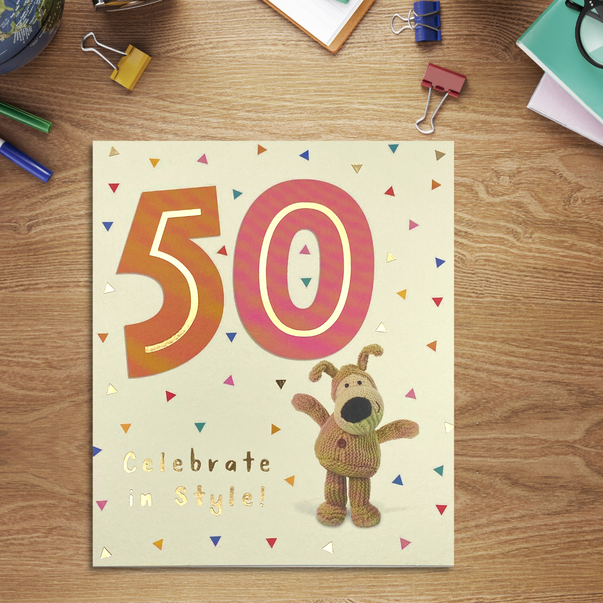 Cream square card with coloured triangle confetti and large 50 numbers