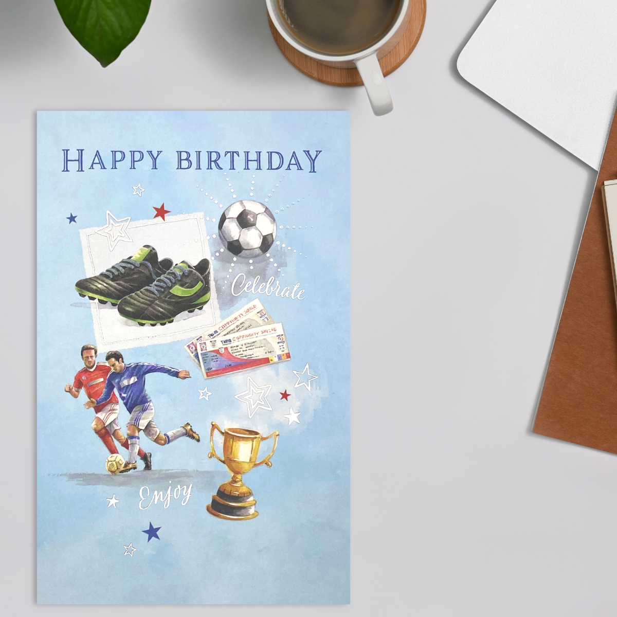 Blue card with assorted football images