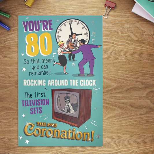 80th Birthday Card - Giggles Rocking Around The Clock!
