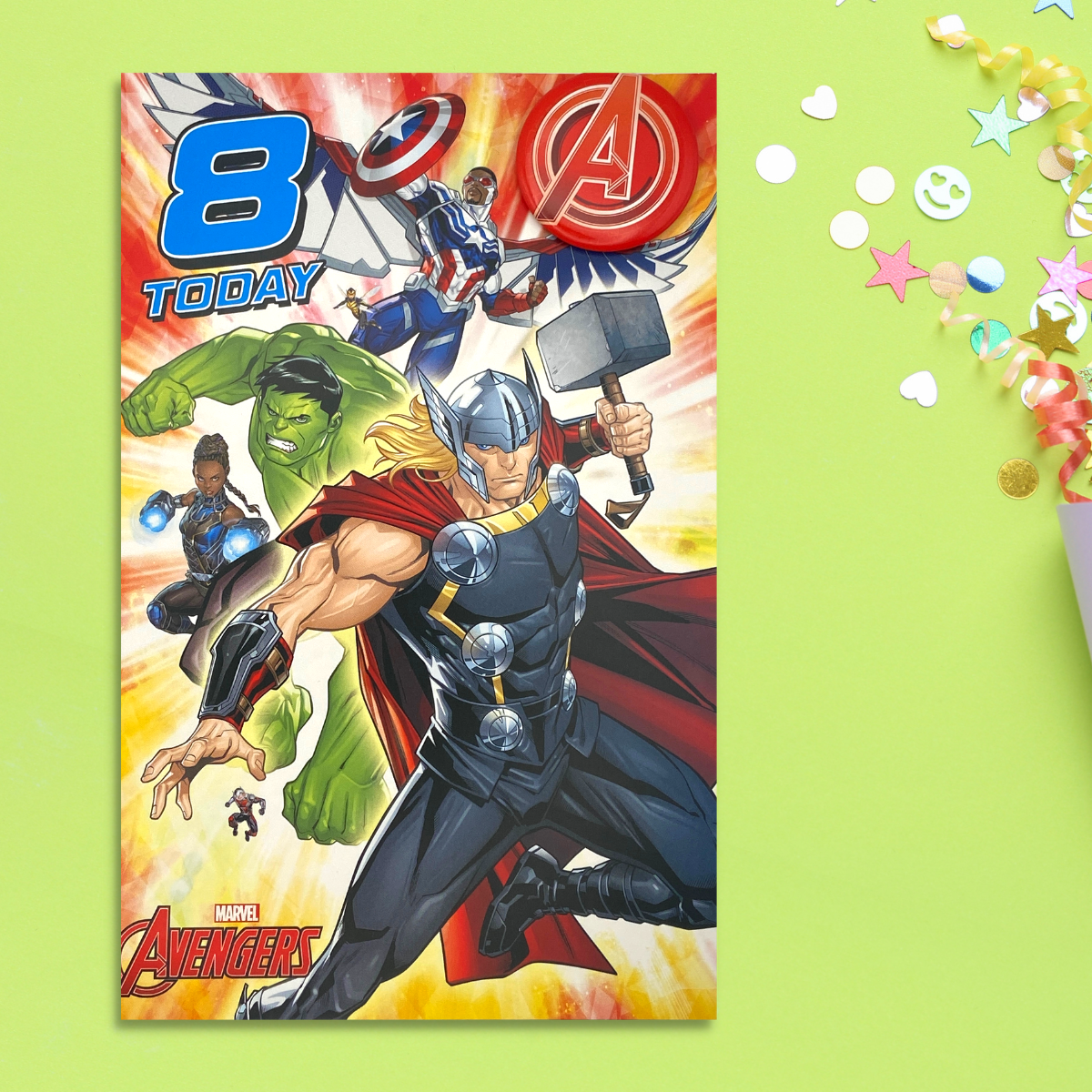 Brightly coloured avengers card with characters and badge