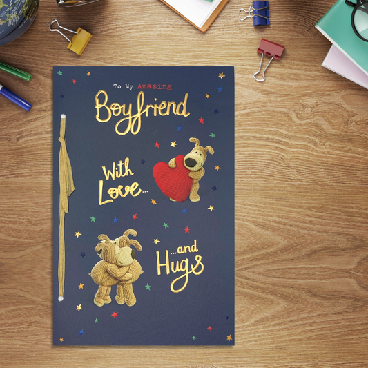 Navy card with Boofle character and red heart