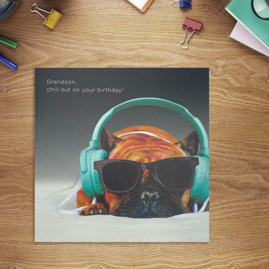 Square photograph card with dog in headphones and sunglasses