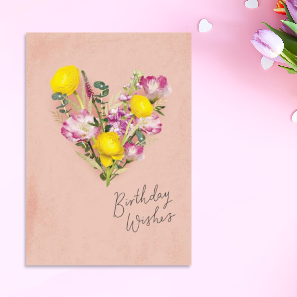 Peach card with floral heart laid out