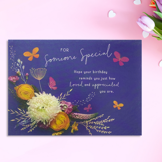 Landscape navy card with spring flowers and butterflies