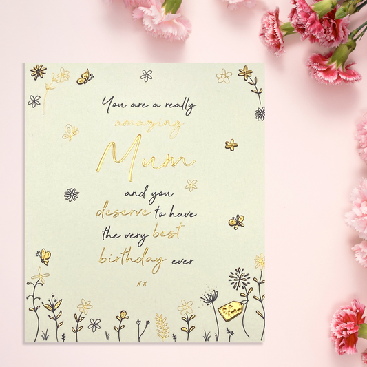 Square cream card with gold and black text and flowers