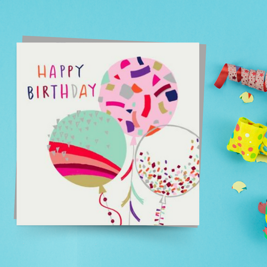 Square card with multicolour balloons with confetti pop design and text