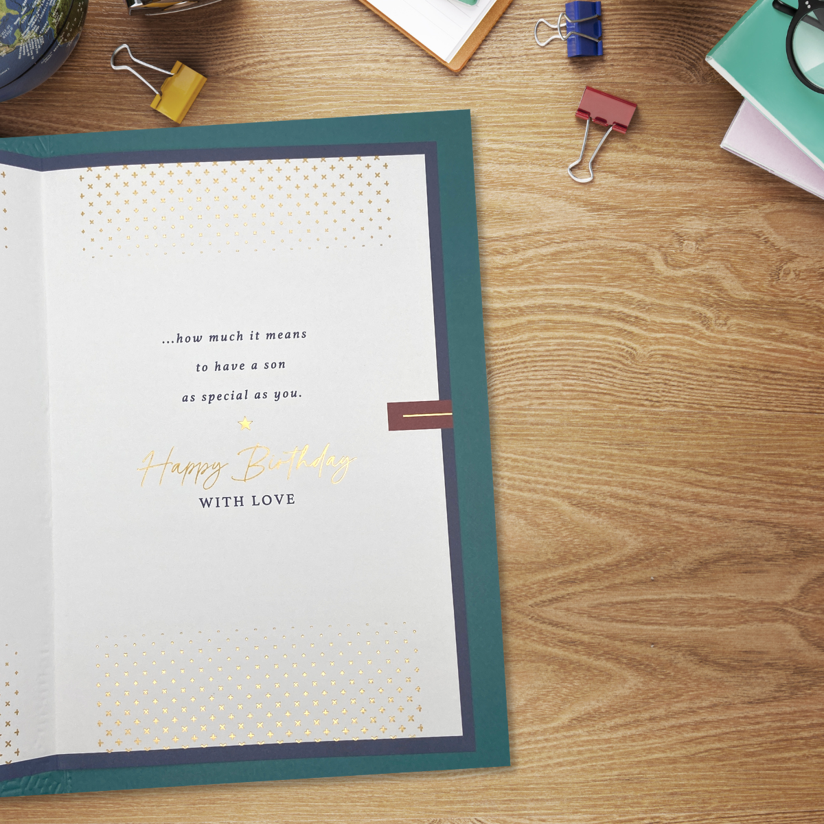 Inside image with colour printed insert, teal colour border and gold stars