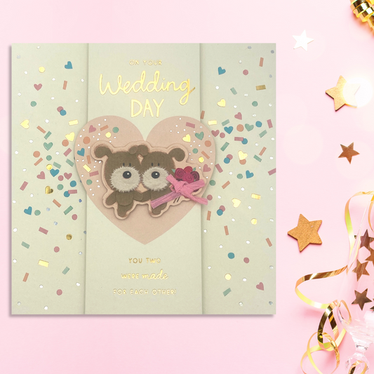Large square wedding card with two dog characters and confetti design