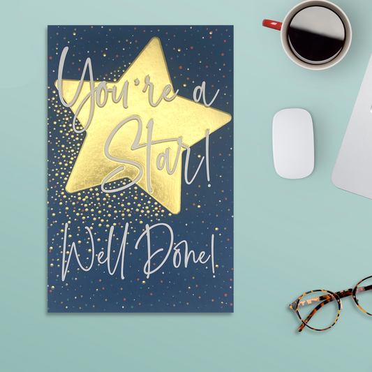 Navy card with gold foil star and white text