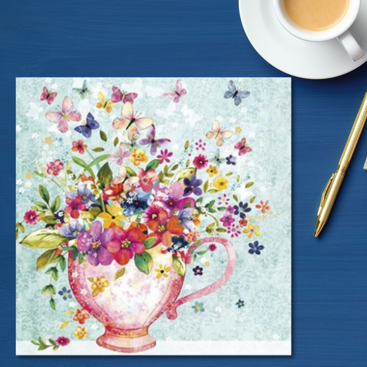 Floral teacup bursting with flowers on square card