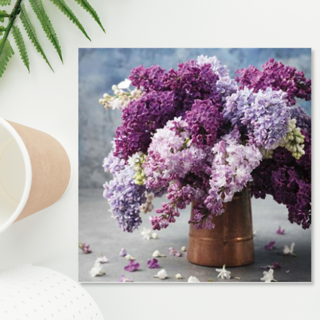 Square card with lilac flowers in copper vase